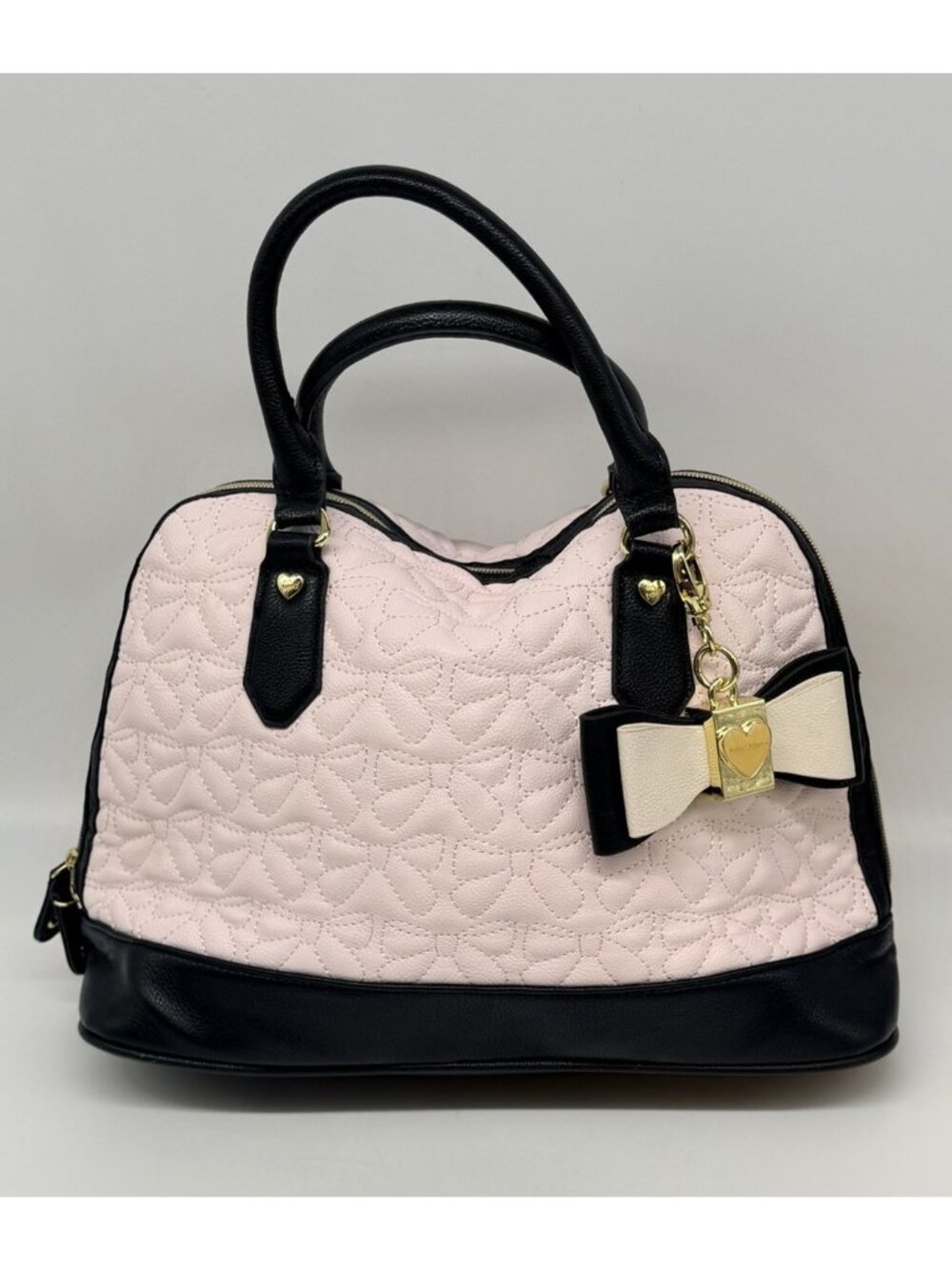 Betsey Johnson Quilted Heart Pink Black Gold Hardware Purple Inner Satchel SEE